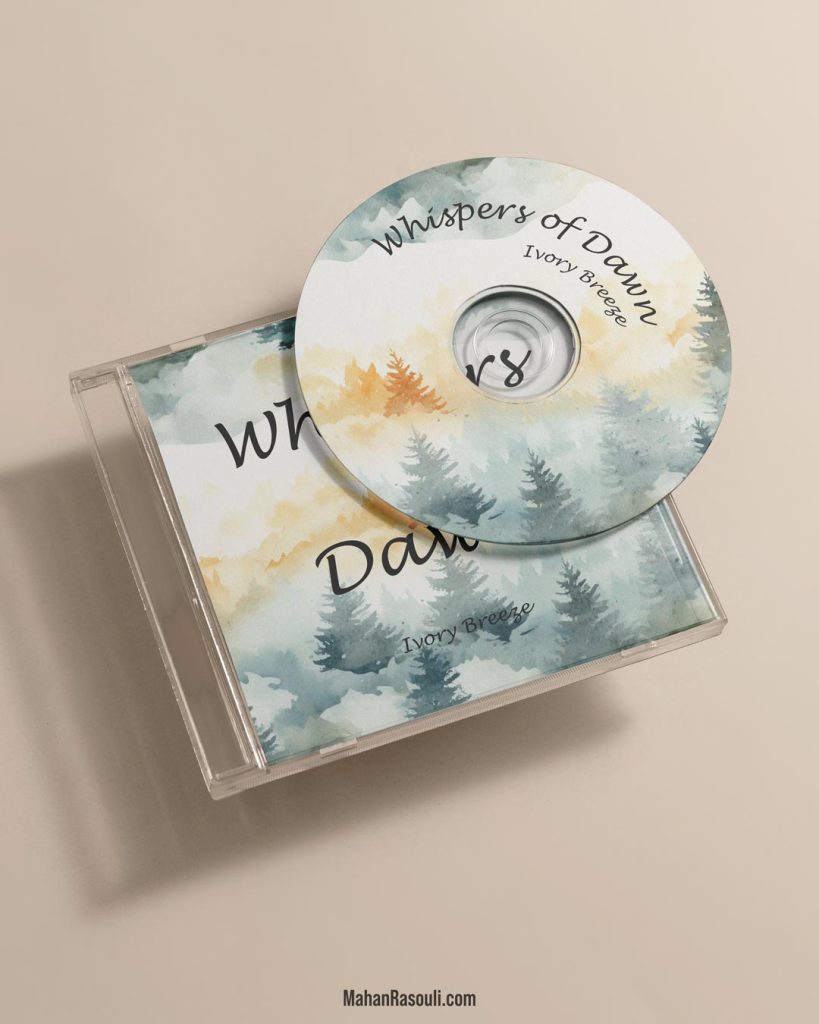 A visually striking CD cover design for "Whispers of Dawn," blending soft gradients and elegant typography to evoke a serene, atmospheric mood.