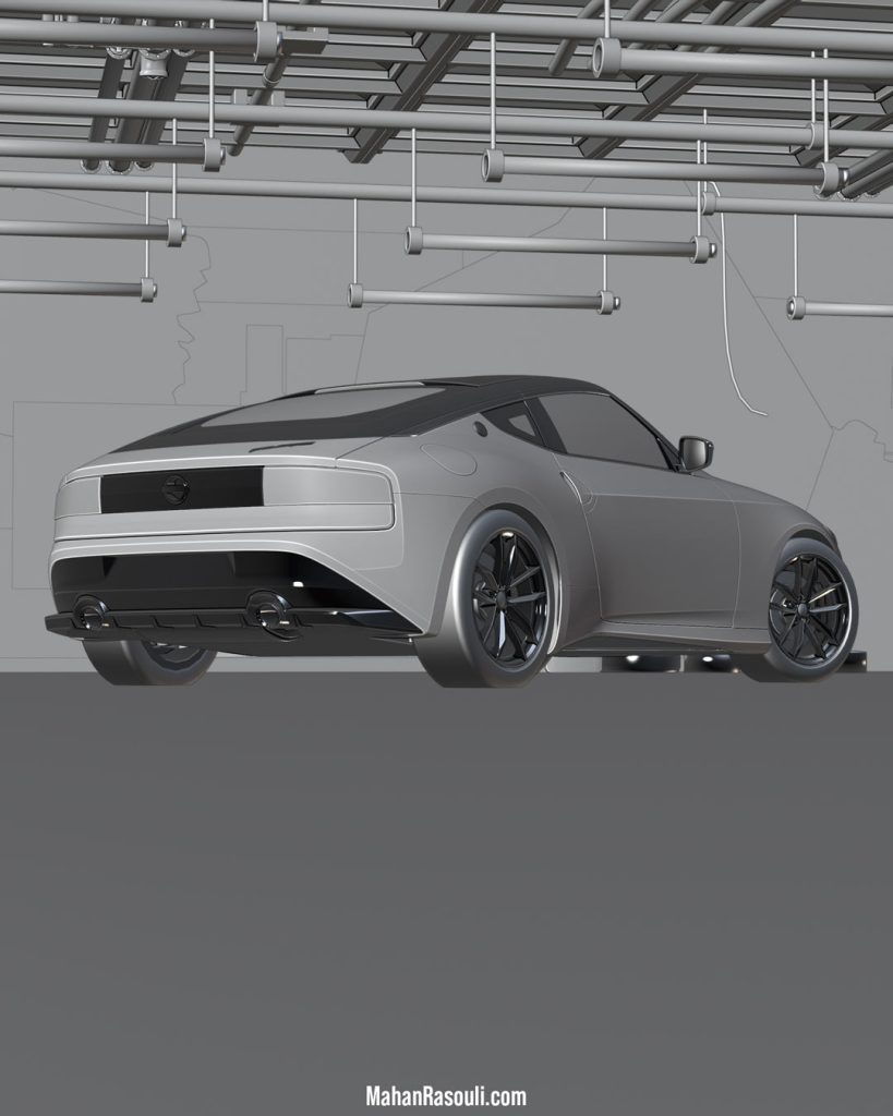 A moody 3D render of the Nissan 400Z parked inside a dimly lit underground garage, capturing a cinematic and atmospheric feel. Created in Blender 3D.