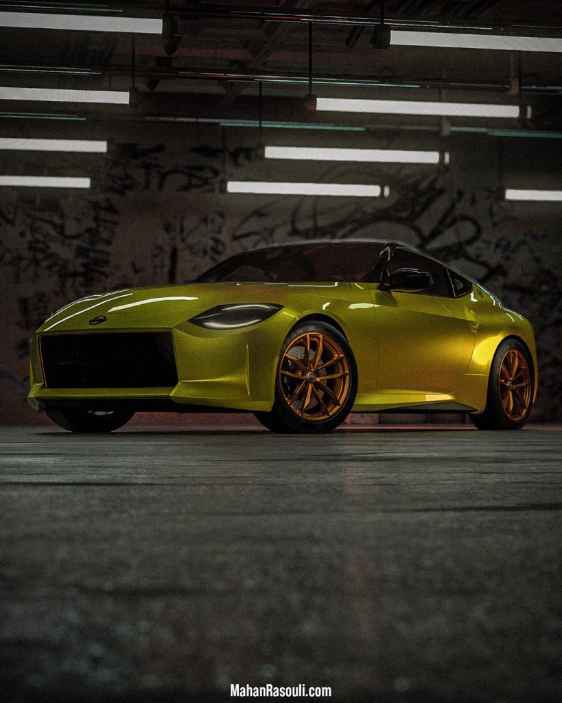 A moody 3D render of the Nissan 400Z parked inside a dimly lit underground garage, capturing a cinematic and atmospheric feel. Created in Blender 3D.