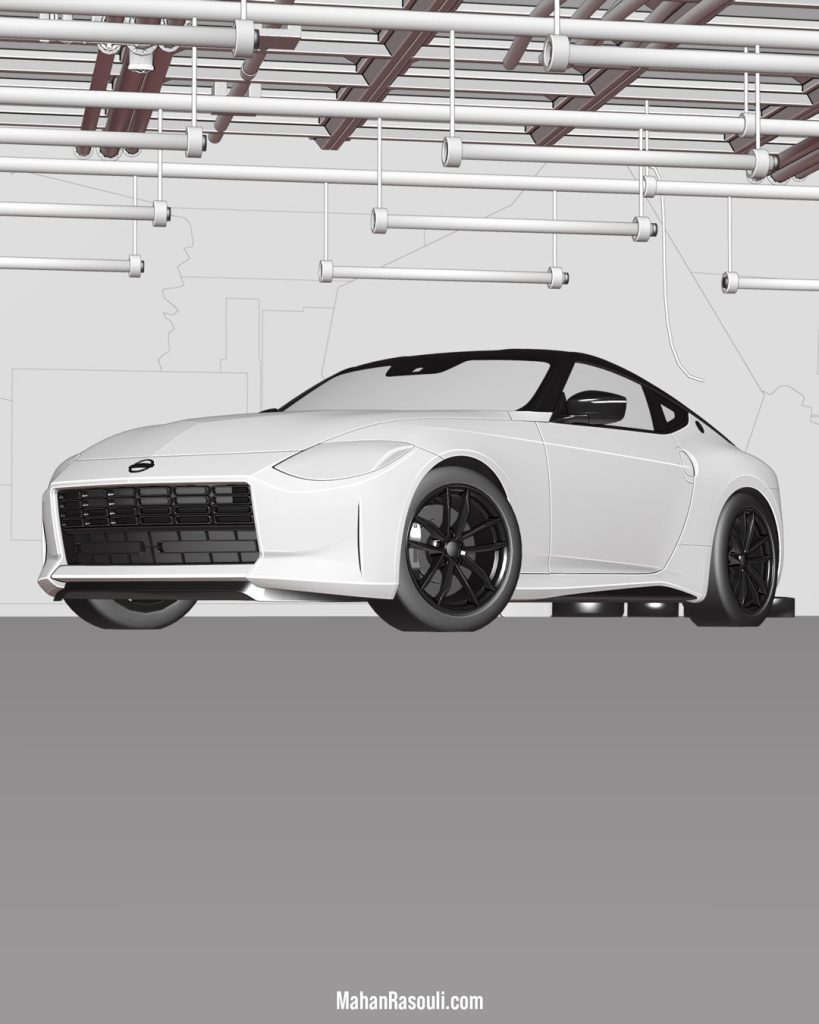 A moody 3D render of the Nissan 400Z parked inside a dimly lit underground garage, capturing a cinematic and atmospheric feel. Created in Blender 3D.