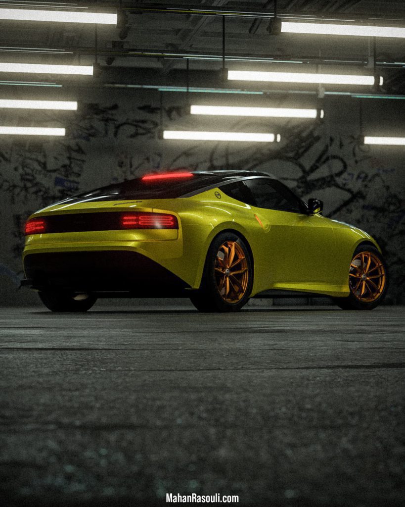 A moody 3D render of the Nissan 400Z parked inside a dimly lit underground garage, capturing a cinematic and atmospheric feel. Created in Blender 3D.