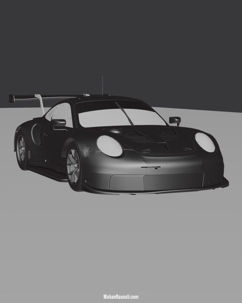 A dramatic 3D render of the Porsche 911 RSR, set in a dark, high-contrast environment to accentuate its aggressive racing design. Modeled and rendered in Blender 3D using Cycles.