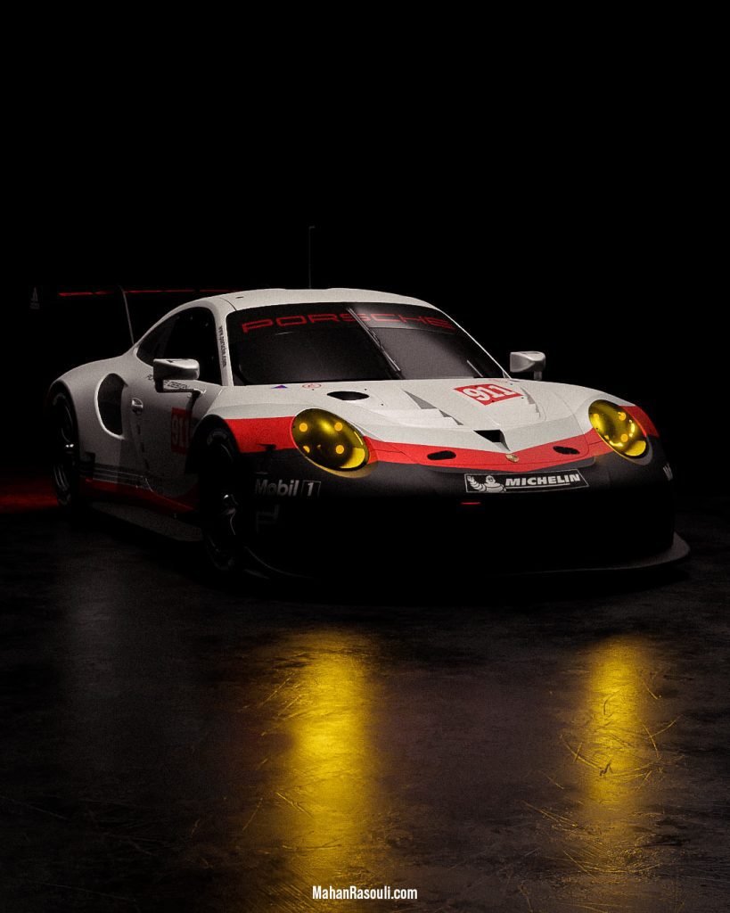 A dramatic 3D render of the Porsche 911 RSR, set in a dark, high-contrast environment to accentuate its aggressive racing design. Modeled and rendered in Blender 3D using Cycles.