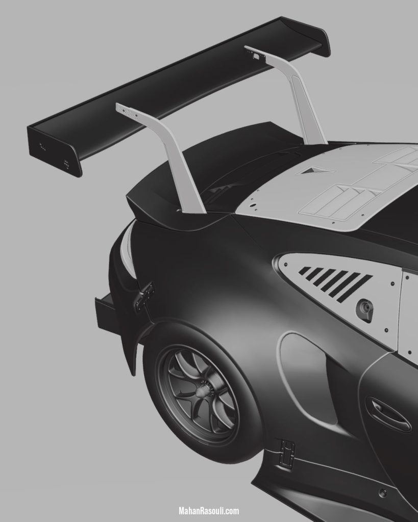 A dramatic 3D render of the Porsche 911 RSR, set in a dark, high-contrast environment to accentuate its aggressive racing design. Modeled and rendered in Blender 3D using Cycles.