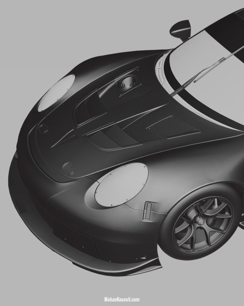A dramatic 3D render of the Porsche 911 RSR, set in a dark, high-contrast environment to accentuate its aggressive racing design. Modeled and rendered in Blender 3D using Cycles.