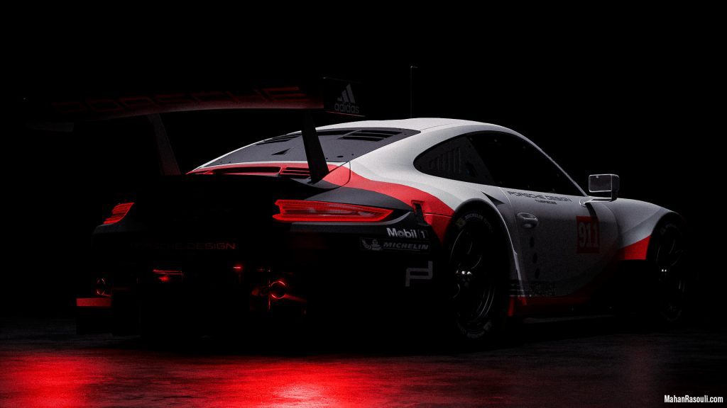 A dramatic 3D render of the Porsche 911 RSR, set in a dark, high-contrast environment to accentuate its aggressive racing design. Modeled and rendered in Blender 3D using Cycles.