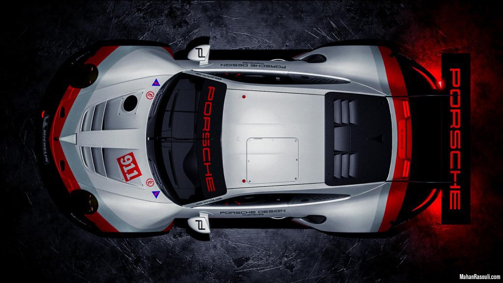 A dramatic 3D render of the Porsche 911 RSR, set in a dark, high-contrast environment to accentuate its aggressive racing design. Modeled and rendered in Blender 3D using Cycles.