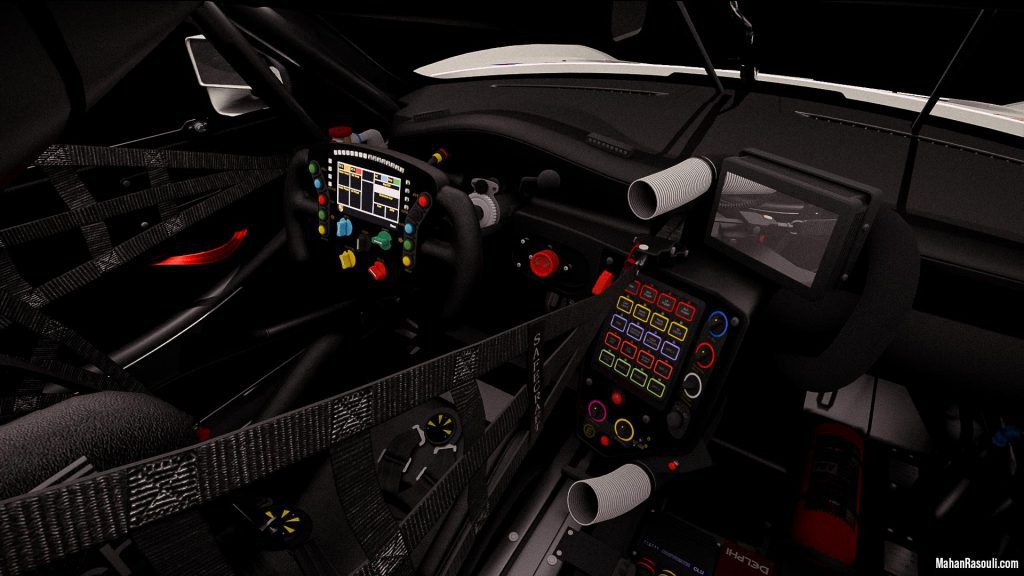 A dramatic 3D render of the Porsche 911 RSR, set in a dark, high-contrast environment to accentuate its aggressive racing design. Modeled and rendered in Blender 3D using Cycles.
