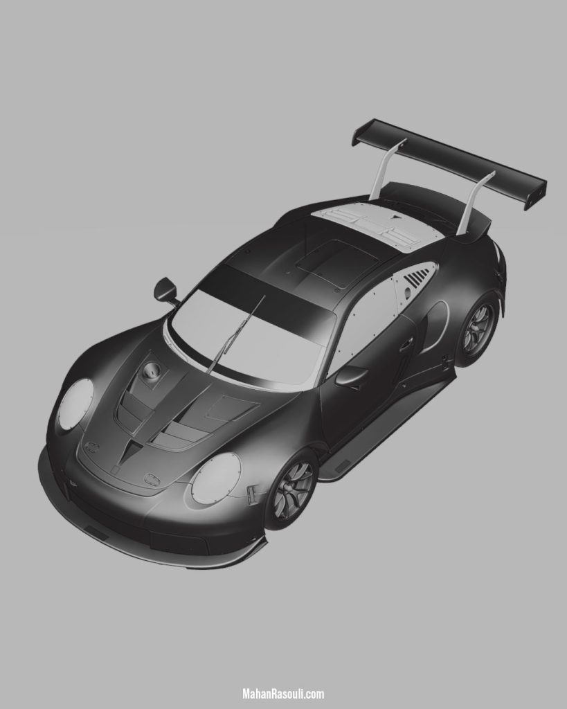 A dramatic 3D render of the Porsche 911 RSR, set in a dark, high-contrast environment to accentuate its aggressive racing design. Modeled and rendered in Blender 3D using Cycles.