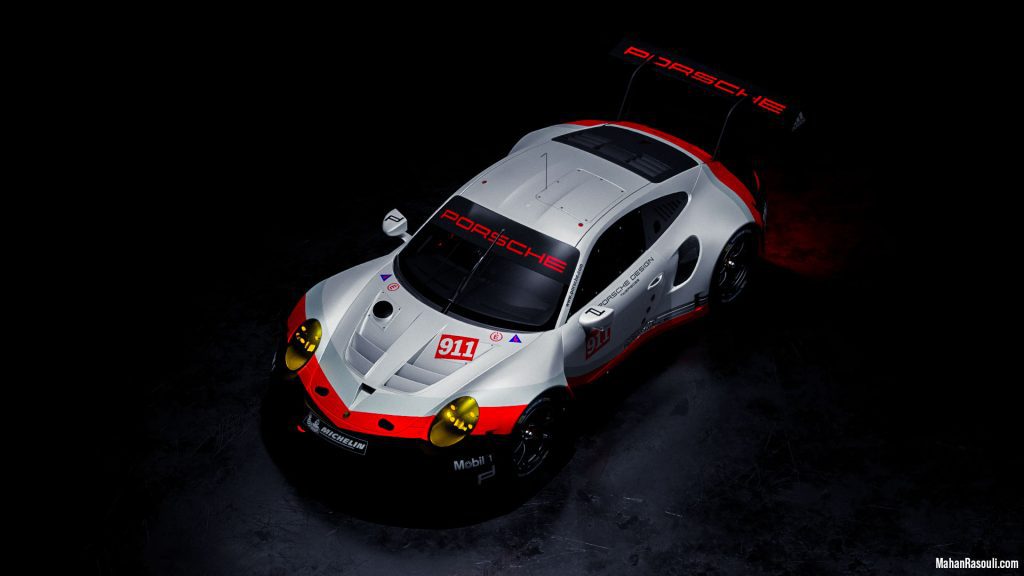 A dramatic 3D render of the Porsche 911 RSR, set in a dark, high-contrast environment to accentuate its aggressive racing design. Modeled and rendered in Blender 3D using Cycles.