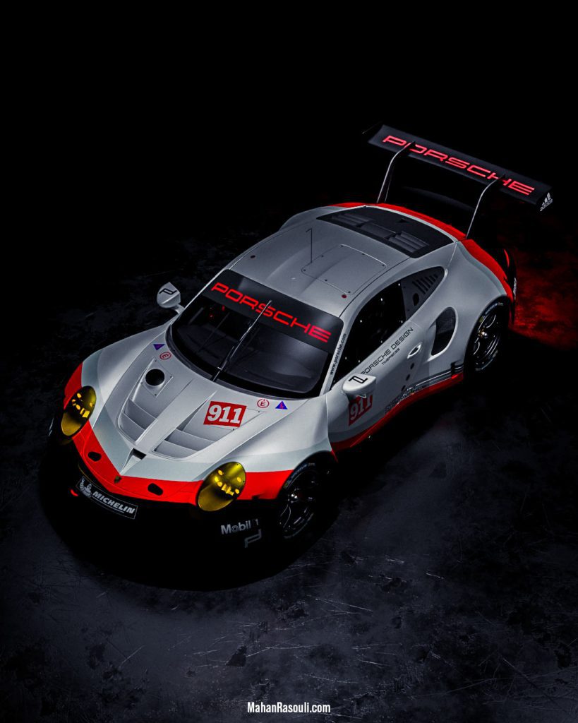 A dramatic 3D render of the Porsche 911 RSR, set in a dark, high-contrast environment to accentuate its aggressive racing design. Modeled and rendered in Blender 3D using Cycles.