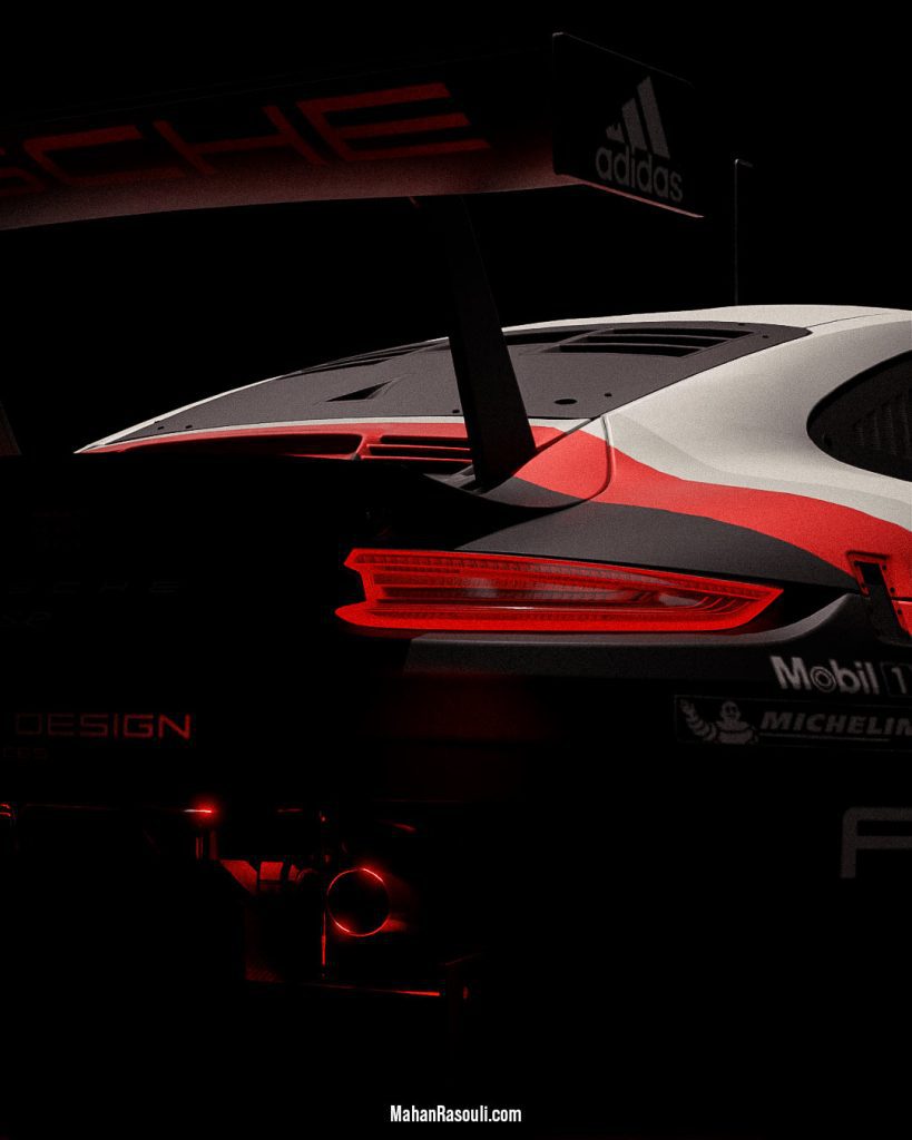 A dramatic 3D render of the Porsche 911 RSR, set in a dark, high-contrast environment to accentuate its aggressive racing design. Modeled and rendered in Blender 3D using Cycles.