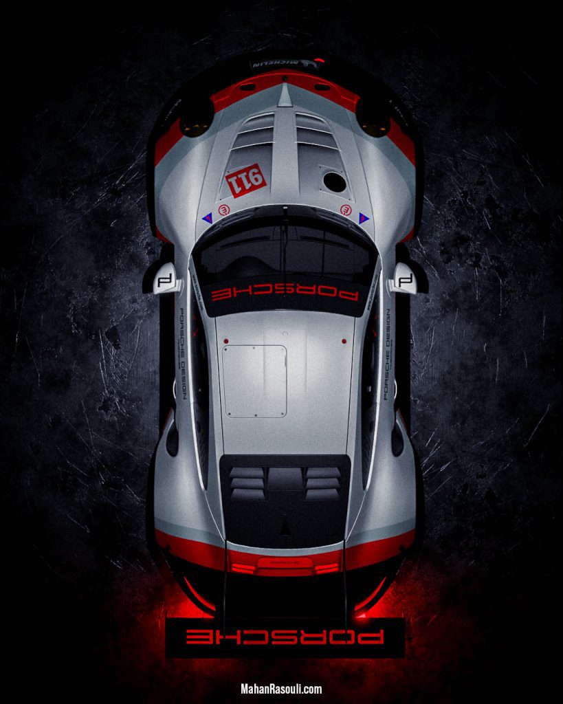 A dramatic 3D render of the Porsche 911 RSR, set in a dark, high-contrast environment to accentuate its aggressive racing design. Modeled and rendered in Blender 3D using Cycles.