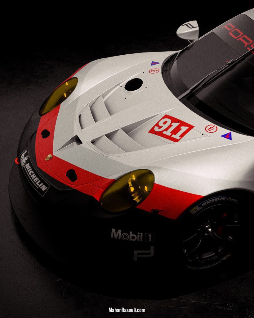 A dramatic 3D render of the Porsche 911 RSR, set in a dark, high-contrast environment to accentuate its aggressive racing design. Modeled and rendered in Blender 3D using Cycles.