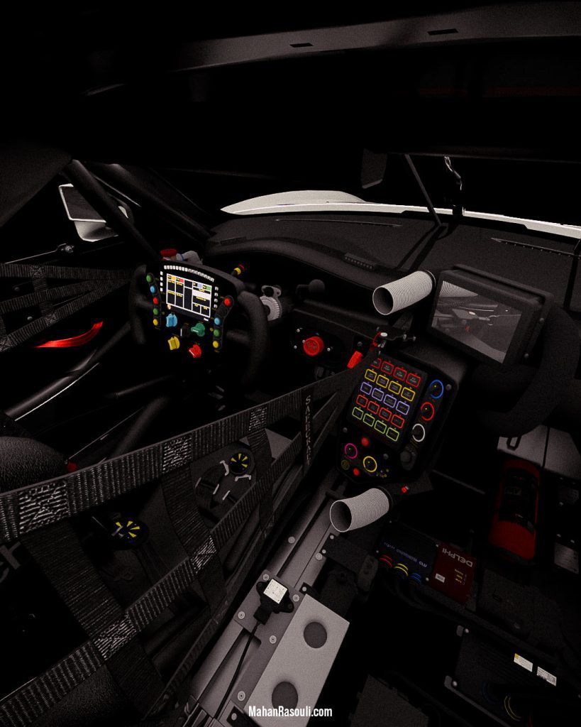 A dramatic 3D render of the Porsche 911 RSR, set in a dark, high-contrast environment to accentuate its aggressive racing design. Modeled and rendered in Blender 3D using Cycles.