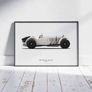 Minimal automotive art of 1929 - Mercedes - Benz SSK from the Asphalt Lunatics collection; sharp lines and a bold visual statement.