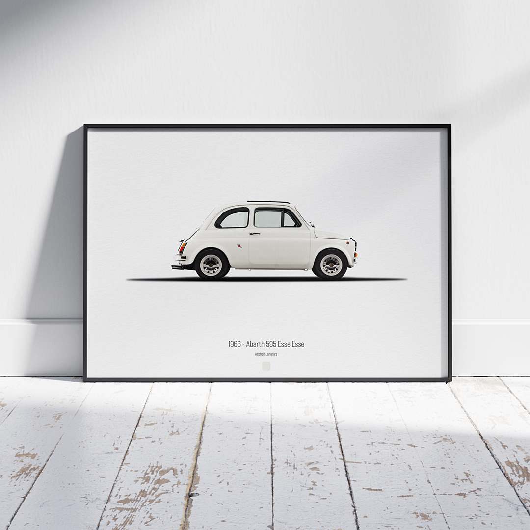 Minimal automotive art of 1968 - Abarth 595 ESSEESSE from the Asphalt Lunatics collection; sharp lines and a bold visual statement.