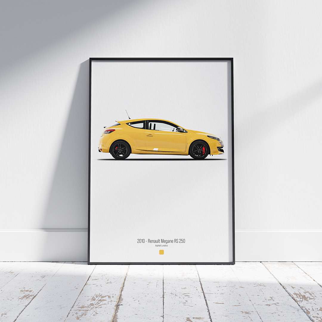 Minimal automotive art of 2010 - Renault Megane RS 250 from the Asphalt Lunatics collection; sharp lines and a bold visual statement.