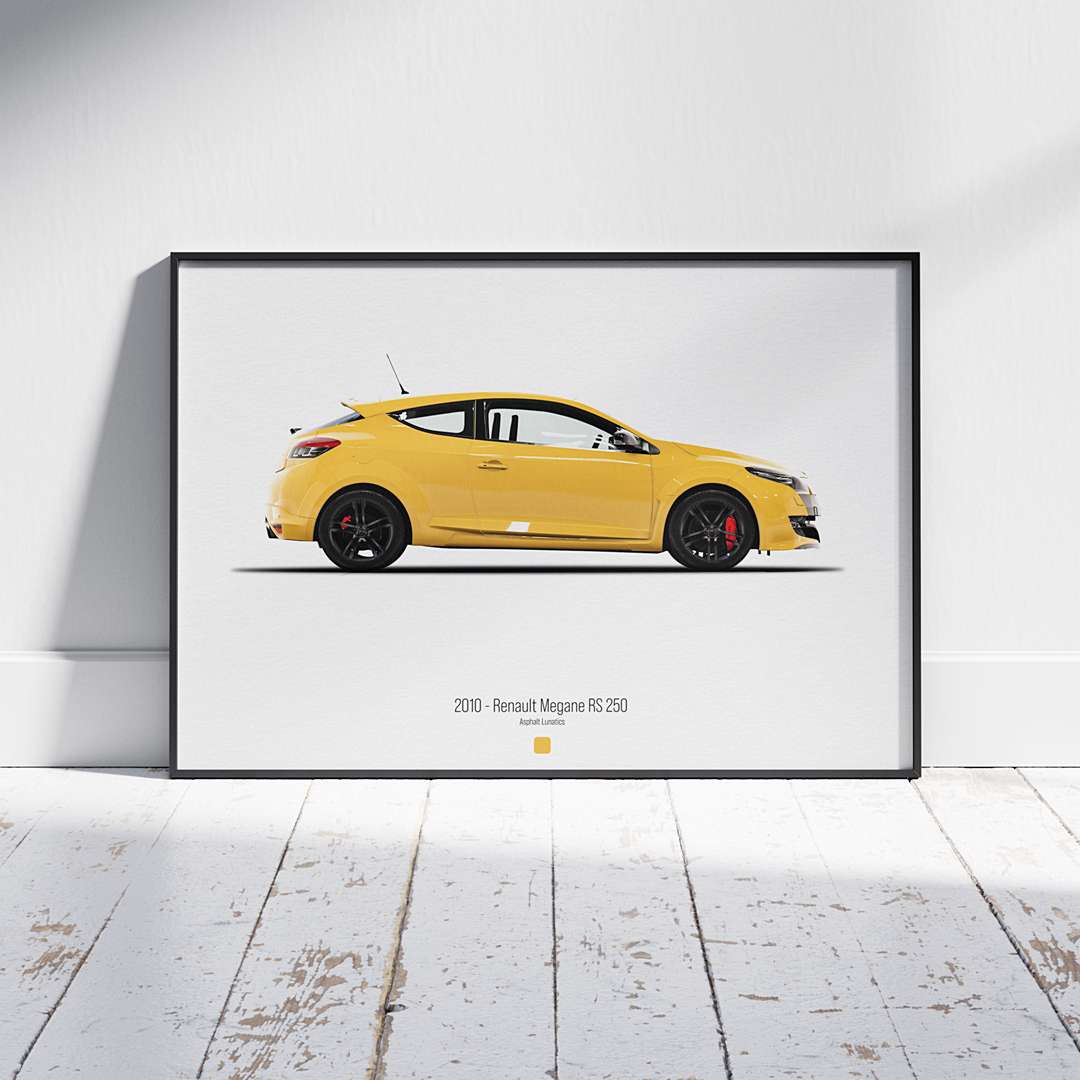 Minimal automotive art of 2010 - Renault Megane RS 250 from the Asphalt Lunatics collection; sharp lines and a bold visual statement.