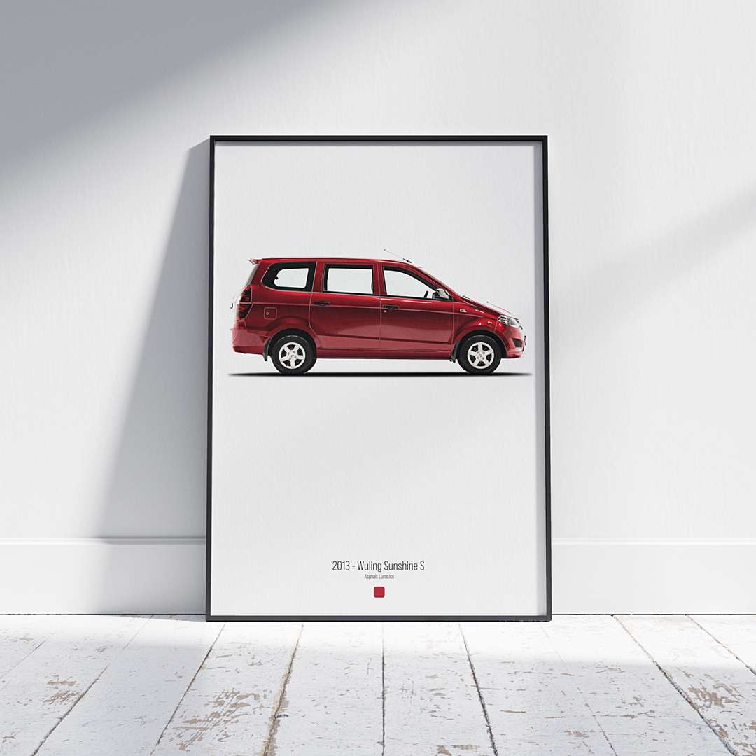 Minimal automotive art of 2013 - Wuling Sunshine S from the Asphalt Lunatics collection; sharp lines and a bold visual statement.