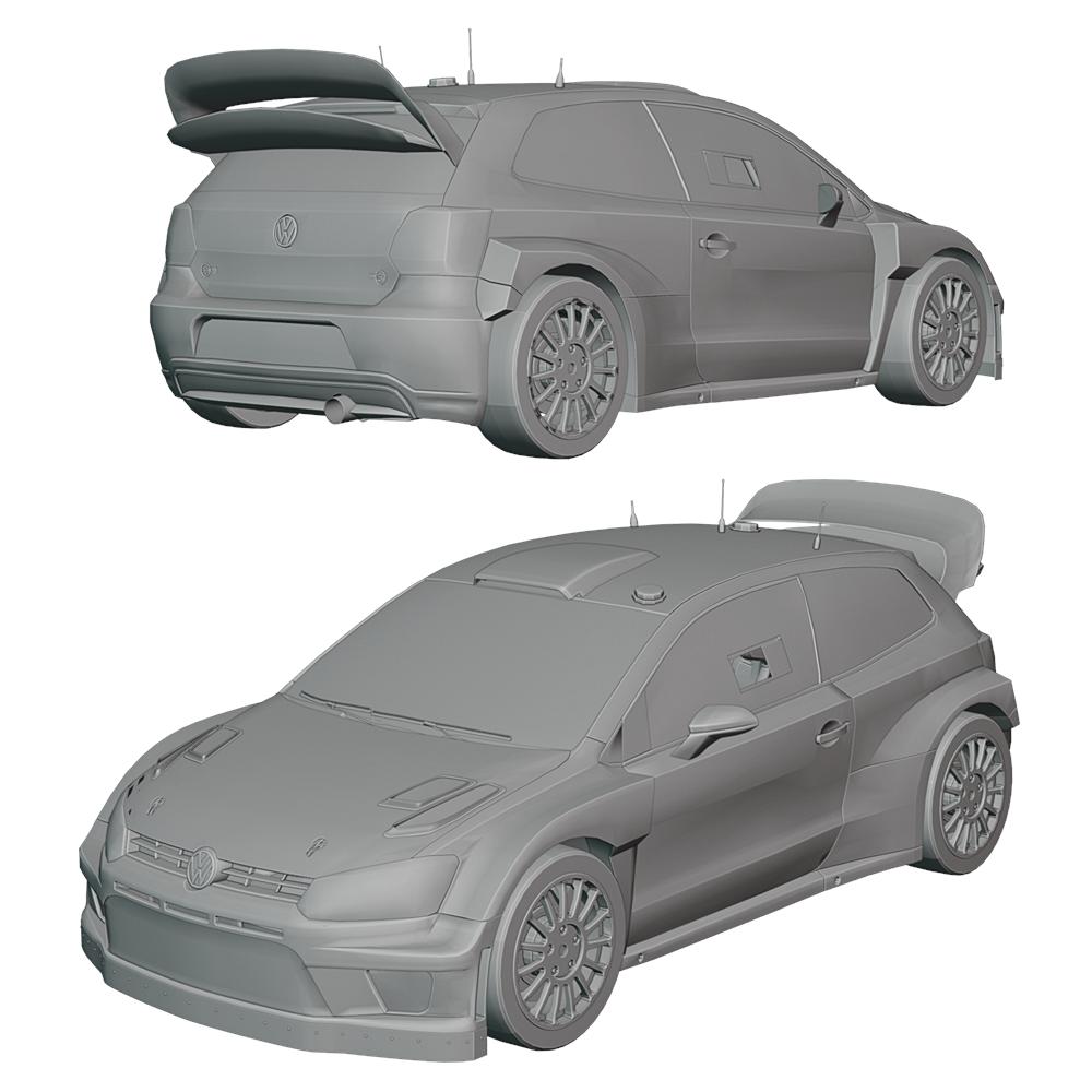 High-quality 2017 Volkswagen Polo R WRC 3D Model created in Blender, showcasing realistic design, details, and textures for automotive visualization and creative projects.