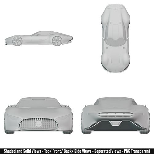 High-quality blueprint of a 2013 Mercedes Benz Vision GT Concept showing multiple detailed views of the vehicle. The image includes a precise left side profile, a top-down view, a direct front view, and a direct rear view. The blueprint captures the car’s aerodynamic body lines, headlights, taillights, wheels, spoiler, bumpers, and overall proportions with realistic accuracy. Designed for car enthusiasts, designers, and modelers, this blueprint highlights every angle of the car in sharp detail, perfect for reference or creative projects.