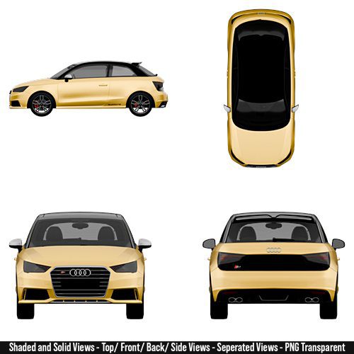 High-quality blueprint of a 2015 Audi S1 showing multiple detailed views of the vehicle. The image includes a precise left side profile, a top-down view, a direct front view, and a direct rear view. The blueprint captures the car’s aerodynamic body lines, headlights, taillights, wheels, spoiler, bumpers, and overall proportions with realistic accuracy. Designed for car enthusiasts, designers, and modelers, this blueprint highlights every angle of the car in sharp detail, perfect for reference or creative projects.