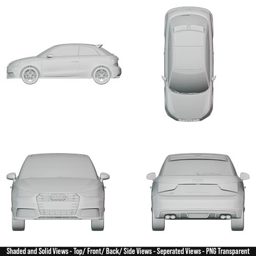 High-quality blueprint of a 2015 Audi S1 showing multiple detailed views of the vehicle. The image includes a precise left side profile, a top-down view, a direct front view, and a direct rear view. The blueprint captures the car’s aerodynamic body lines, headlights, taillights, wheels, spoiler, bumpers, and overall proportions with realistic accuracy. Designed for car enthusiasts, designers, and modelers, this blueprint highlights every angle of the car in sharp detail, perfect for reference or creative projects.