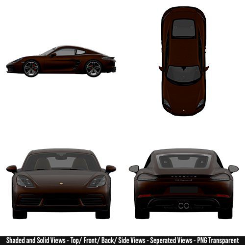 High-quality blueprint of a 2016 Porsche 718 Cayman S showing multiple detailed views of the vehicle. The image includes a precise left side profile, a top-down view, a direct front view, and a direct rear view. The blueprint captures the car’s aerodynamic body lines, headlights, taillights, wheels, spoiler, bumpers, and overall proportions with realistic accuracy. Designed for car enthusiasts, designers, and modelers, this blueprint highlights every angle of the car in sharp detail, perfect for reference or creative projects.