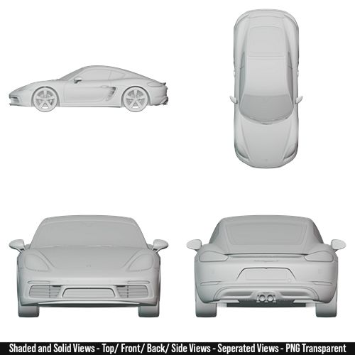 High-quality blueprint of a 2016 Porsche 718 Cayman S showing multiple detailed views of the vehicle. The image includes a precise left side profile, a top-down view, a direct front view, and a direct rear view. The blueprint captures the car’s aerodynamic body lines, headlights, taillights, wheels, spoiler, bumpers, and overall proportions with realistic accuracy. Designed for car enthusiasts, designers, and modelers, this blueprint highlights every angle of the car in sharp detail, perfect for reference or creative projects.