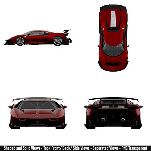 High-quality blueprint of a 2017 Ferrari P80C showing multiple detailed views of the vehicle. The image includes a precise left side profile, a top-down view, a direct front view, and a direct rear view. The blueprint captures the car’s aerodynamic body lines, headlights, taillights, wheels, spoiler, bumpers, and overall proportions with realistic accuracy. Designed for car enthusiasts, designers, and modelers, this blueprint highlights every angle of the car in sharp detail, perfect for reference or creative projects.