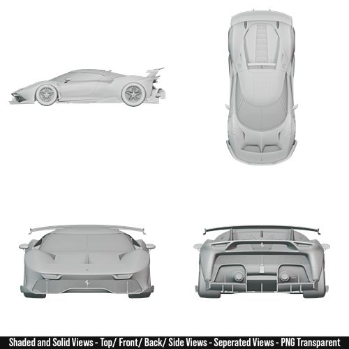 High-quality blueprint of a 2017 Ferrari P80C showing multiple detailed views of the vehicle. The image includes a precise left side profile, a top-down view, a direct front view, and a direct rear view. The blueprint captures the car’s aerodynamic body lines, headlights, taillights, wheels, spoiler, bumpers, and overall proportions with realistic accuracy. Designed for car enthusiasts, designers, and modelers, this blueprint highlights every angle of the car in sharp detail, perfect for reference or creative projects.