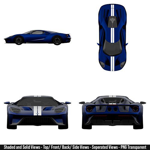 High-quality blueprint of a 2017 Ford GT showing multiple detailed views of the vehicle. The image includes a precise left side profile, a top-down view, a direct front view, and a direct rear view. The blueprint captures the car’s aerodynamic body lines, headlights, taillights, wheels, spoiler, bumpers, and overall proportions with realistic accuracy. Designed for car enthusiasts, designers, and modelers, this blueprint highlights every angle of the car in sharp detail, perfect for reference or creative projects.