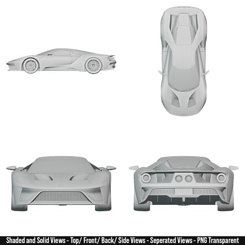 High-quality blueprint of a 2017 Ford GT showing multiple detailed views of the vehicle. The image includes a precise left side profile, a top-down view, a direct front view, and a direct rear view. The blueprint captures the car’s aerodynamic body lines, headlights, taillights, wheels, spoiler, bumpers, and overall proportions with realistic accuracy. Designed for car enthusiasts, designers, and modelers, this blueprint highlights every angle of the car in sharp detail, perfect for reference or creative projects.