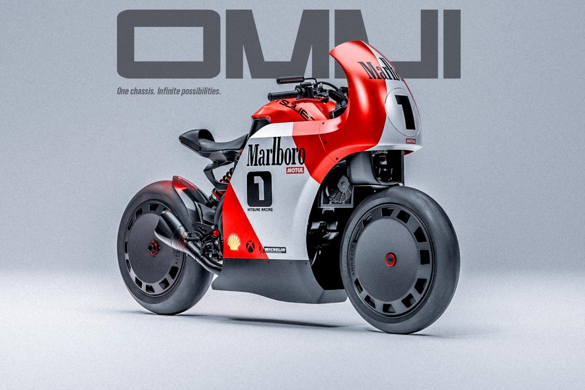 Kitsune OMNI Cafe Racer motorcycle with Marlboro Racing livery in red, white and black colors - A motorcycle designed and engineered by Mahan Rasouli.