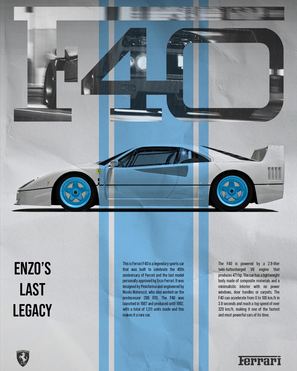a poster of a white Ferrari F40 1987 with light blue accent color and paper background